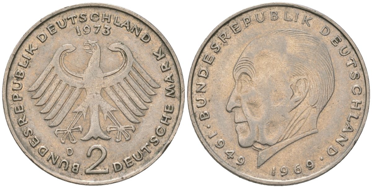 ФРГ 2 марки 1973 D, Конрад Аденауэр, 20 лет Федеративной Республике KM 124 медно-никель 4565-914