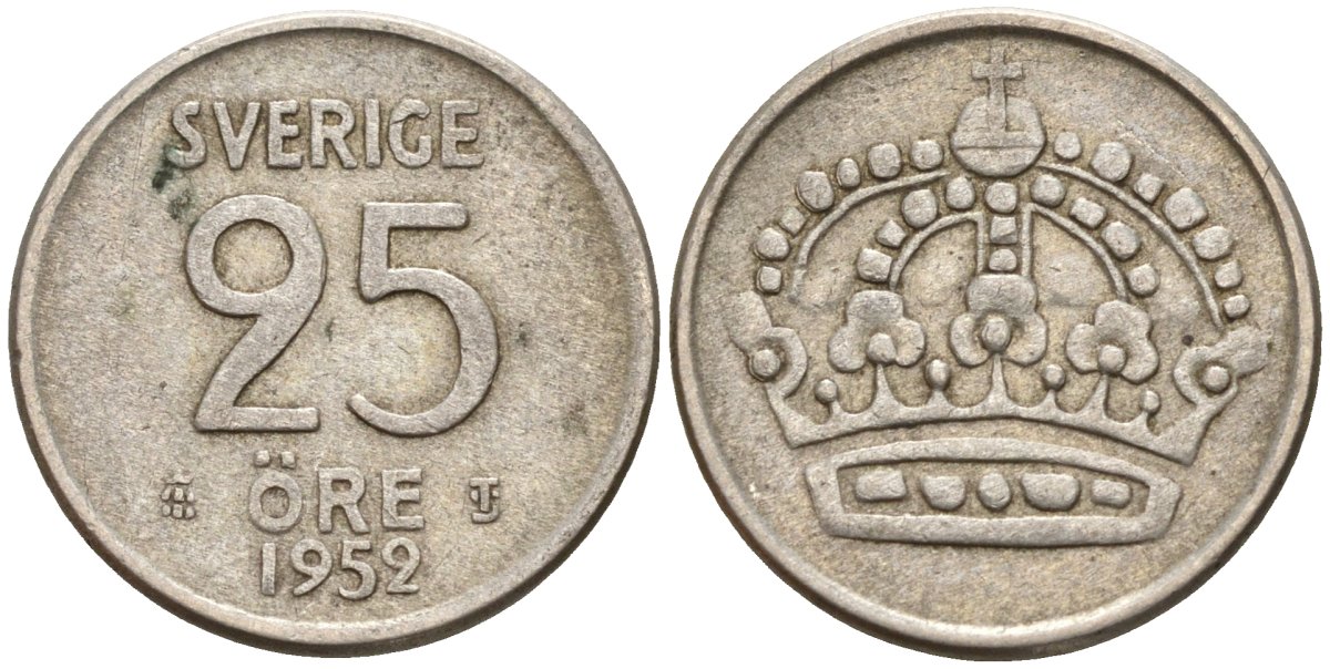 Швеция 25 эре 1952 TS, Густав VI Адольф (1950-1973) KM 824 серебро 4147-1026