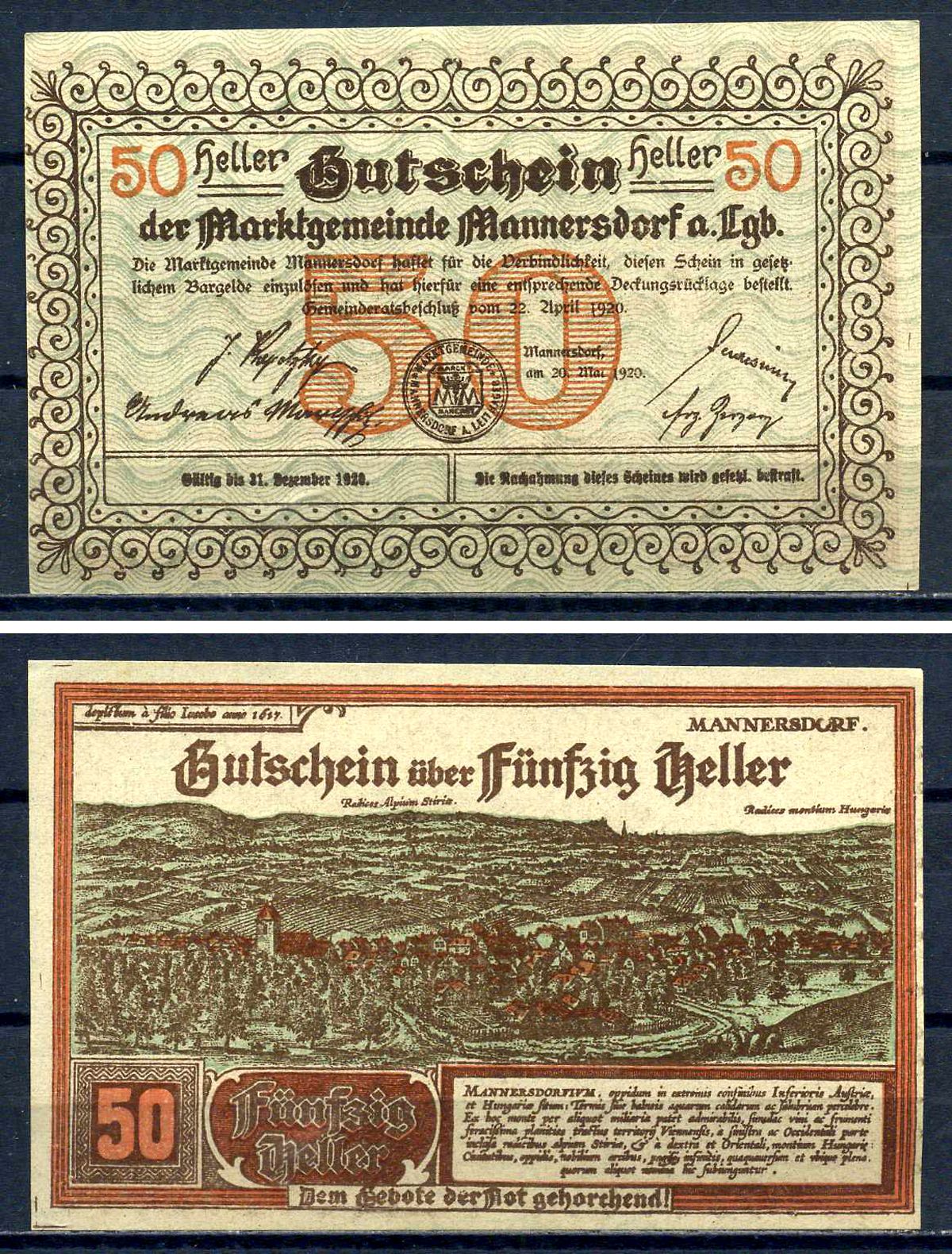 Маннерсдорф-ам-Лайтагебирге (Австрия) 50 геллеров 1920 Jaksc/Pick?JPR0577a-50 бумага aUNC 7556-29-3-2