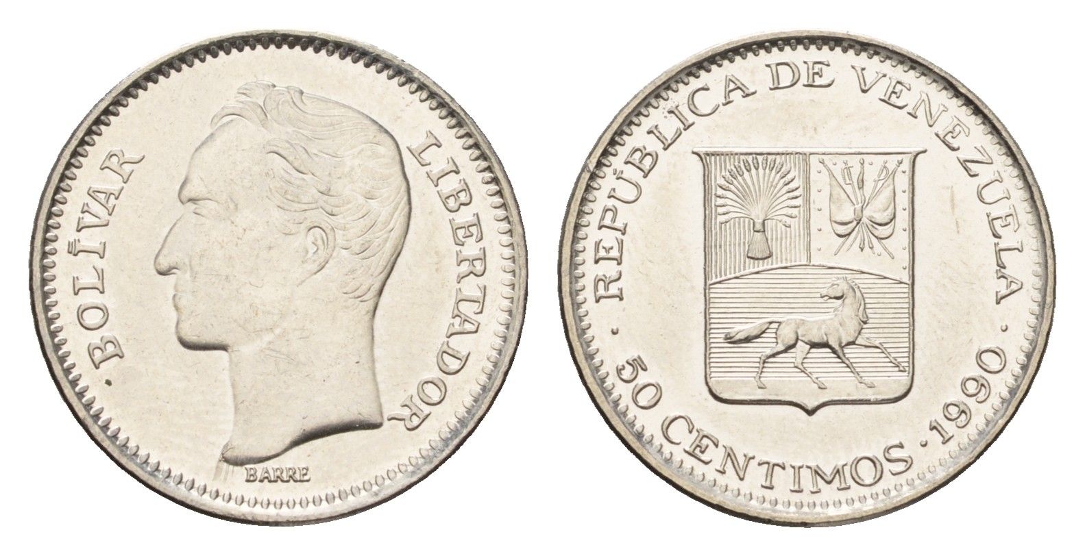 Венесуэла 50 сентимо 1990 Симон Боливар Y 41a сталь плакированная никелем UNC 4669-636