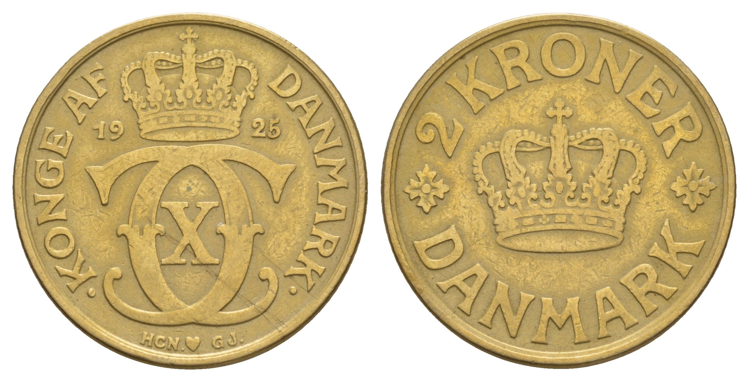 Дания 2 кроны 1925 HCN; GJ, Кристиан X (1912-1947) KM 825 алюминиевая бронза 115-611