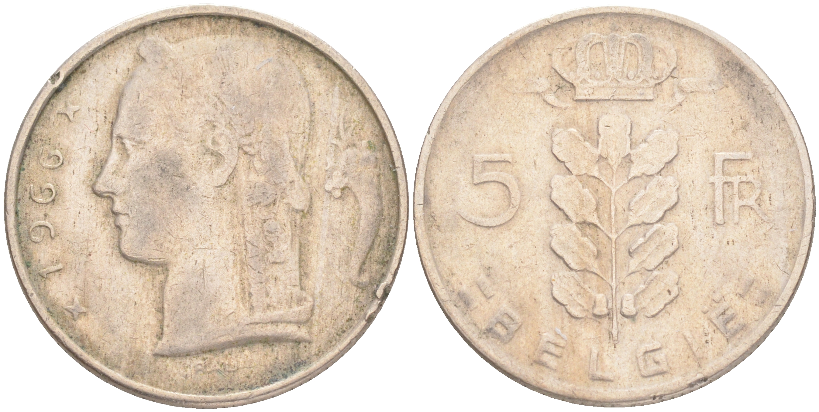 БЕЛЬГИЯ 5 ФРАНКОВ 1966 BELGIE KM 135.1 медно-никель 4556-422