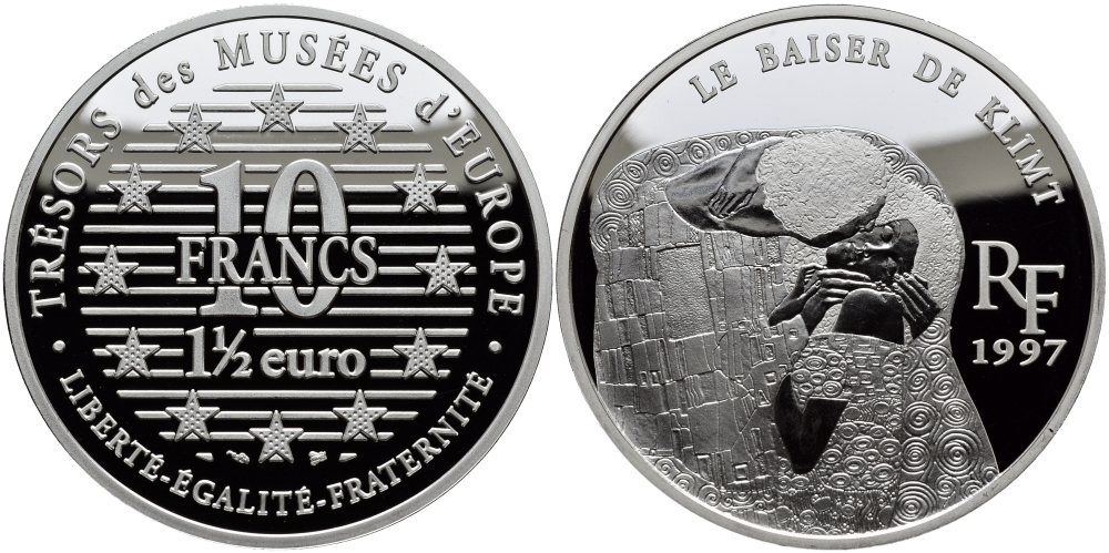 Франция 10 франков = 1 1/2 евро 1997 серия сокровища музеев Европы, “Поцелуй” Климта KM 1299 серебро PROOF 1076-9-61