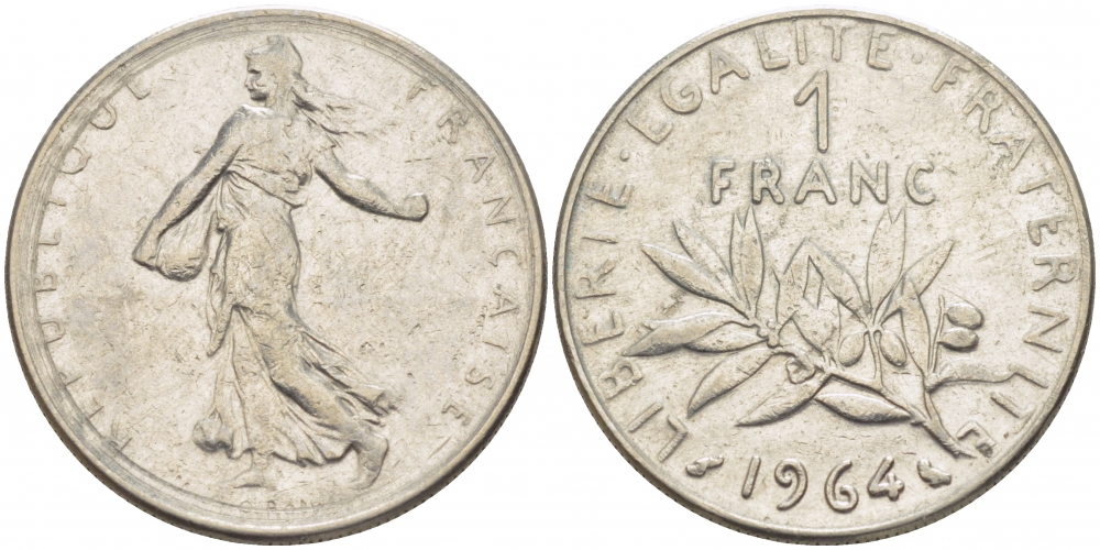 Франция 1 франк 1964 сеятель KM 925.1, Le Franc 226.8 никель 4402-1115