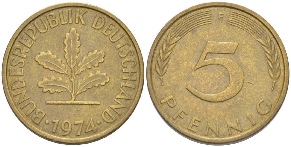 ФРГ 5 ПФЕННИГОВ 1974 F KM 107, J. 382 сталь плакированная латунью 4181-944