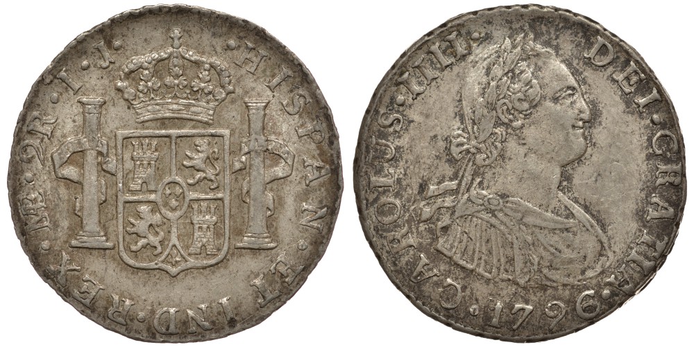 Перу 2 реала 1796 JP, монетный двор ME (Лима), Карл IV Испанский (1788-1808) KM 95 серебро 00-000-00