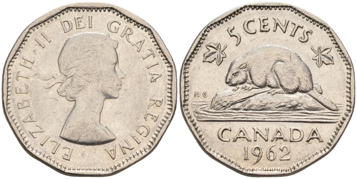 Канада 5 центов 1962 Елизавета II (1952-2022), бобер KM 50а никель 4126-512