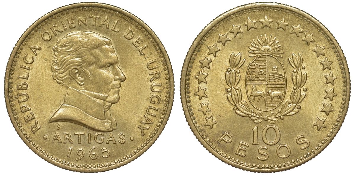Уругвай 10 песо 1965 KM 48 алюминиевая бронза 69-313