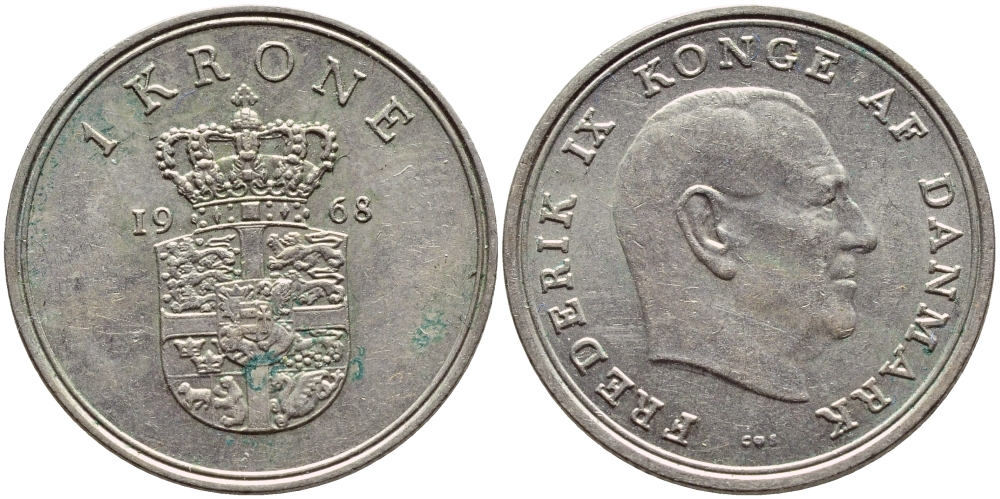 ДАНИЯ 1 КРОНА 1968 C; S, ФРЕДЕРИК IX (1947-1972) KM 851.1 медно-никель 4398-1024