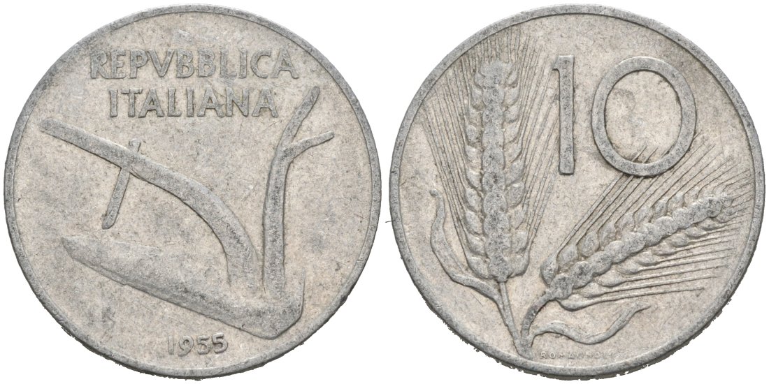 Италия 10 лир 1955 R, плуг, колосья KM 93 алюминий 4571-516