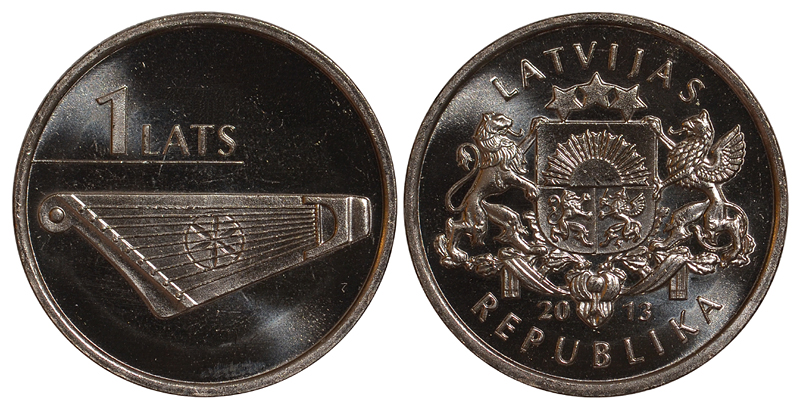 Латвия 1 лат 2013 кокле, лютня KM 142 медно-никель UNC M6-21