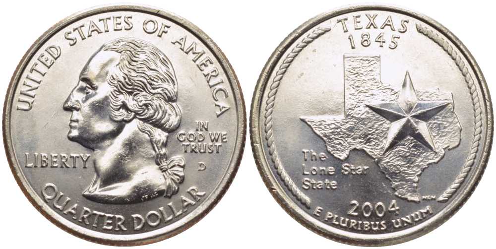 США 25 центов = квотер 2004 D, серия штаты США, Техас KM 357 медь плакированная медно-никелем UNC M49-21
