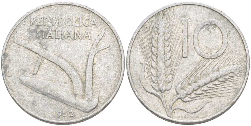ИТАЛИЯ 10 ЛИР 1952 R, ПЛУГ, КОЛОСЬЯ KM 93 алюминий 175-335