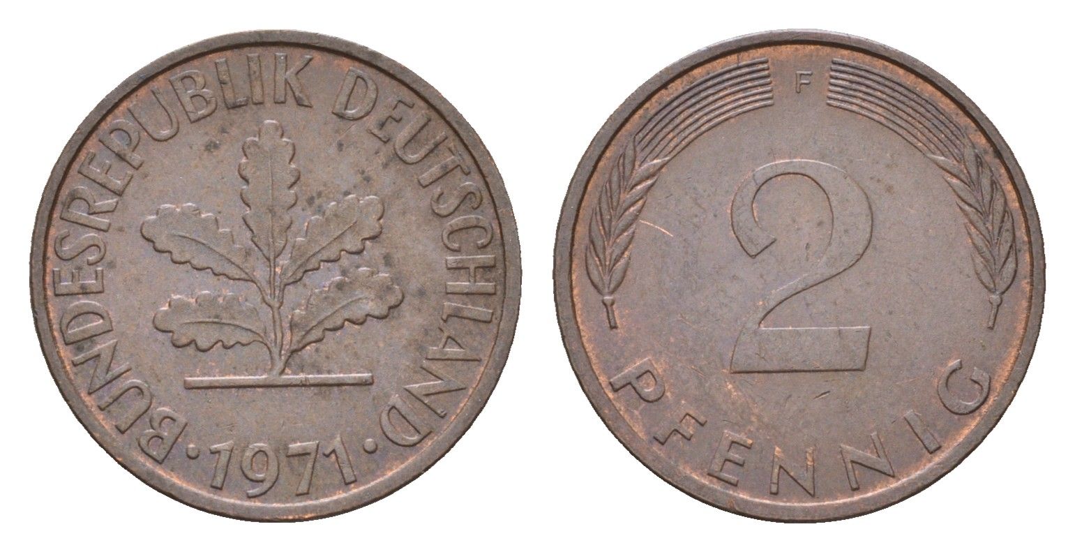 ФРГ 2 пфеннига 1971 F KM 106a, J.381a сталь плакированная медью 4618-862
