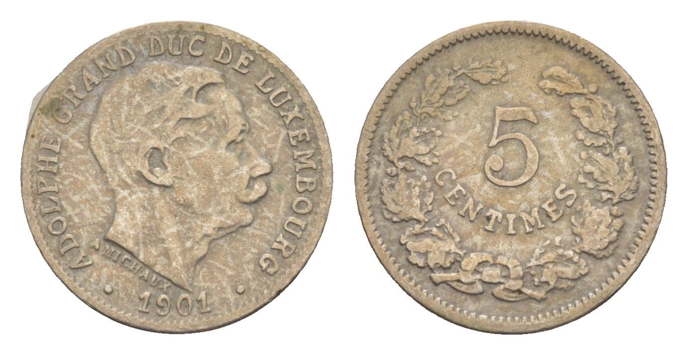 Люксембург 5 сантимов 1901 герцог Адольф (1890-1905), год-тип KM 24 медно-никель 4659-414