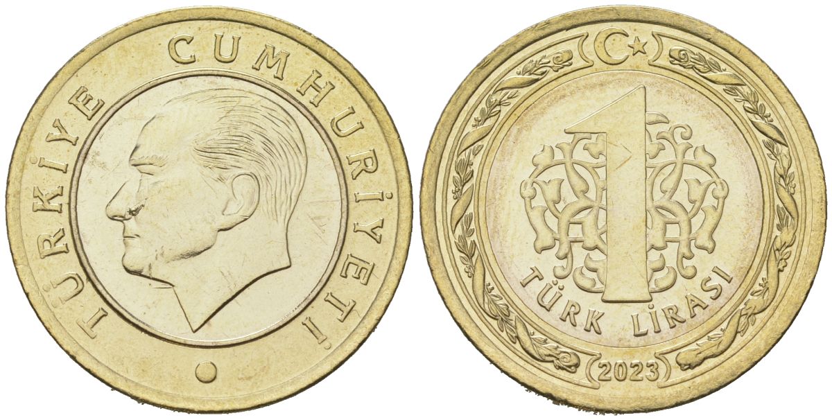 Турция 1 лира 2023 KM 1575 биметалл UNC 3334-235
