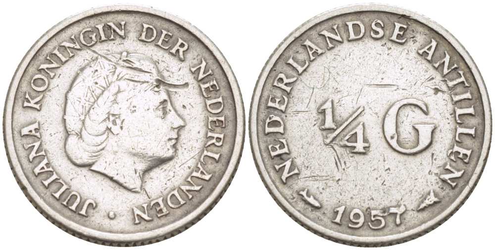 Нидерландские Антилы 1/4 гульдена 1957 Юлиана (1948-1980) KM 4 серебро 3309-362