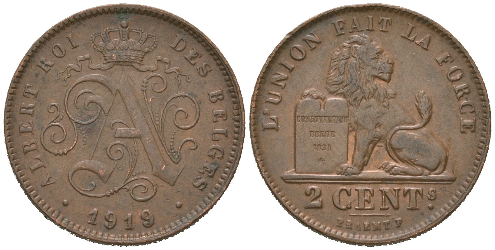 Бельгия 2 сантима 1919 Belges, Альберт I (1909-1934) KM 64 медь aUNC 4618-1112