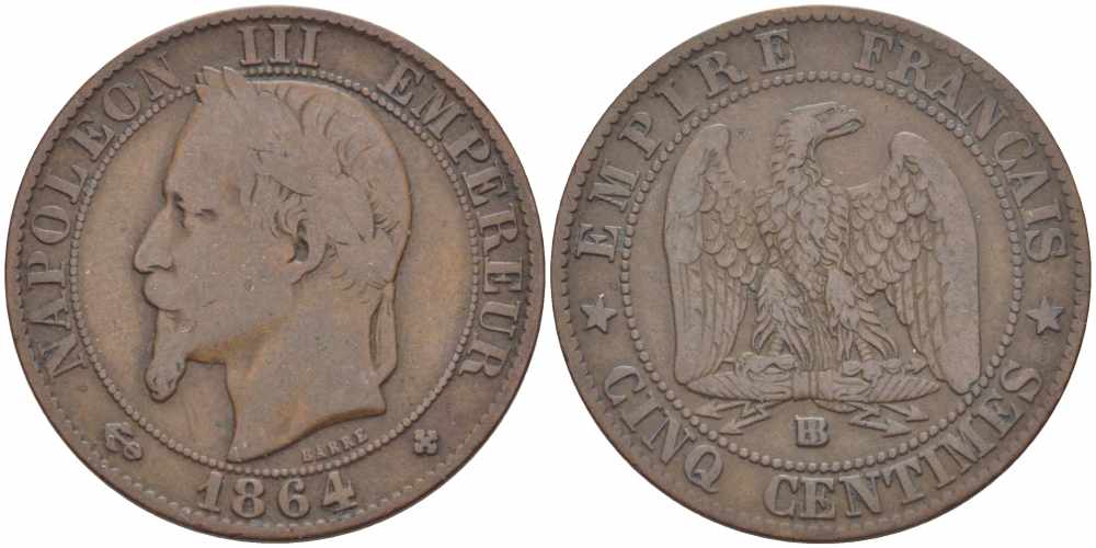 ФРАНЦИЯ 5 САНТИМОВ 1864 BB, НАПОЛЕОН III (1852-1870) KM 797.2, LE FRANC 117.12 бронза 108-552