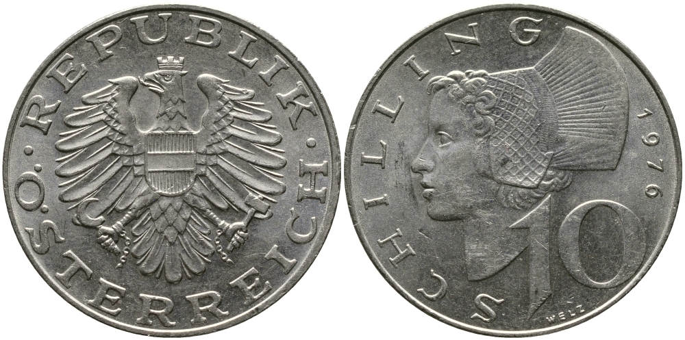 АВСТРИЯ 10 ШИЛЛИНГОВ 1976 KM 2918 никель плакированный медно-никелем 33-713
