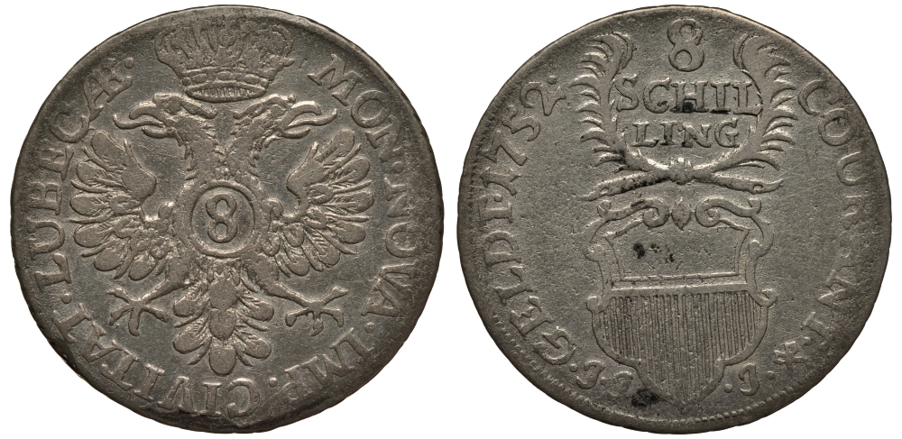 Любек 8 шиллингов 1752 JJJ, Фридрих Август (1750-1785) KM 152 серебро 1517-733