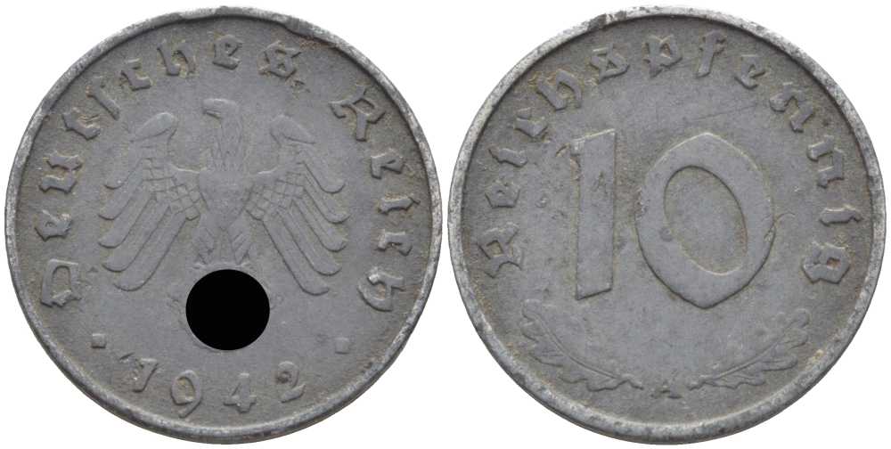 ГЕРМАНИЯ 10 РЕЙХСПФЕННИГОВ 1942 A KM 101, J. 371 цинк 4401-623