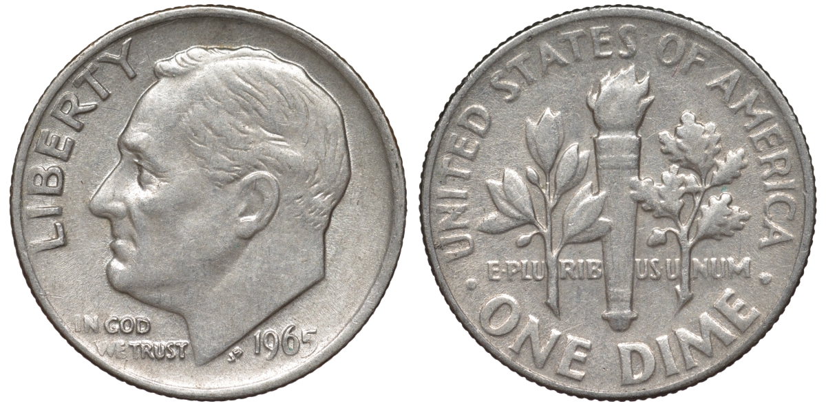 США 1 дайм - 10 центов 1965 KM 195a медь плакированная медно-никелем 4549-345