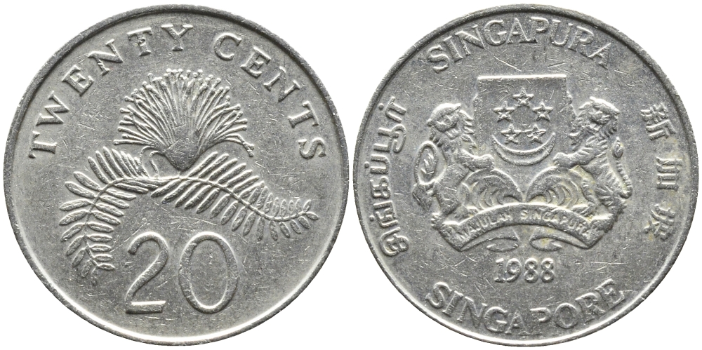 Сингапур 20 центов 1988 KM 52 медно-никель 4391-344