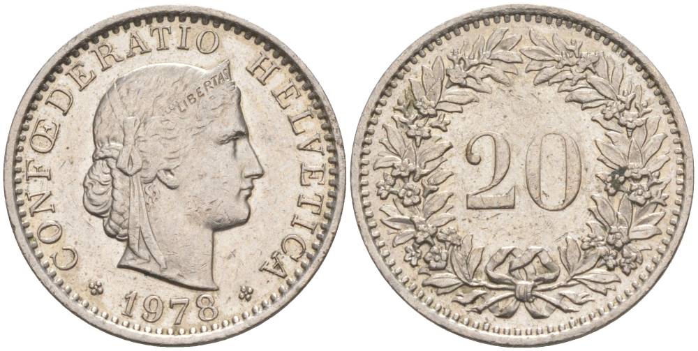 ШВЕЙЦАРИЯ 20 РАППЕНОВ 1978 KM 29a медно-никель 55-955