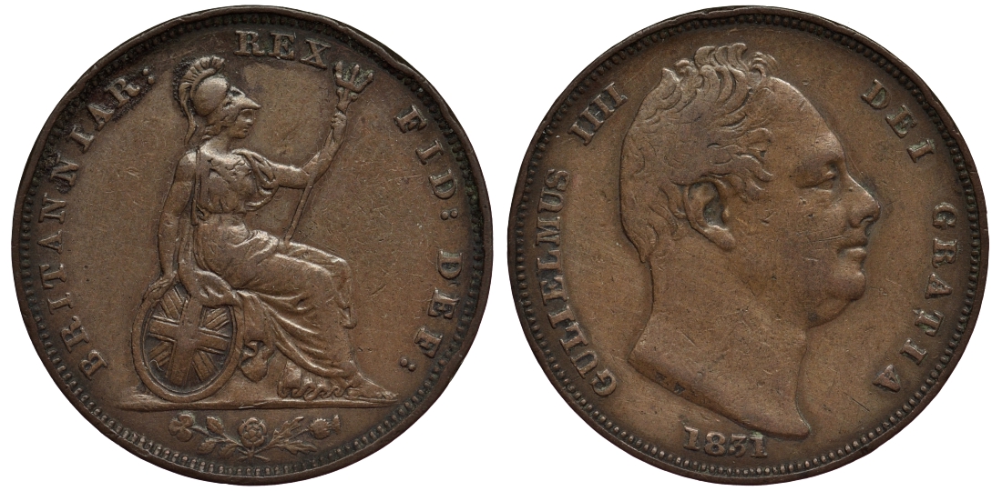 Великобритания 1 фартинг 1831 Вильгельм IV (1830-1837) KM 705, Spink 3848 медь 1523-911