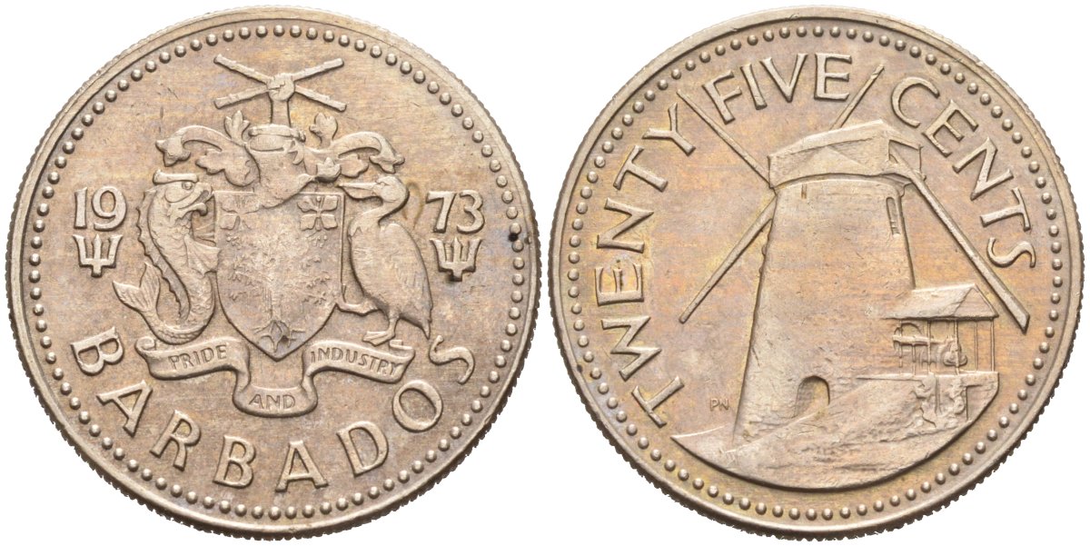 Барбадос 25 центов 1973 ветряная мельница Моргана Льюиса KM 13 медно-никель 4575-1157