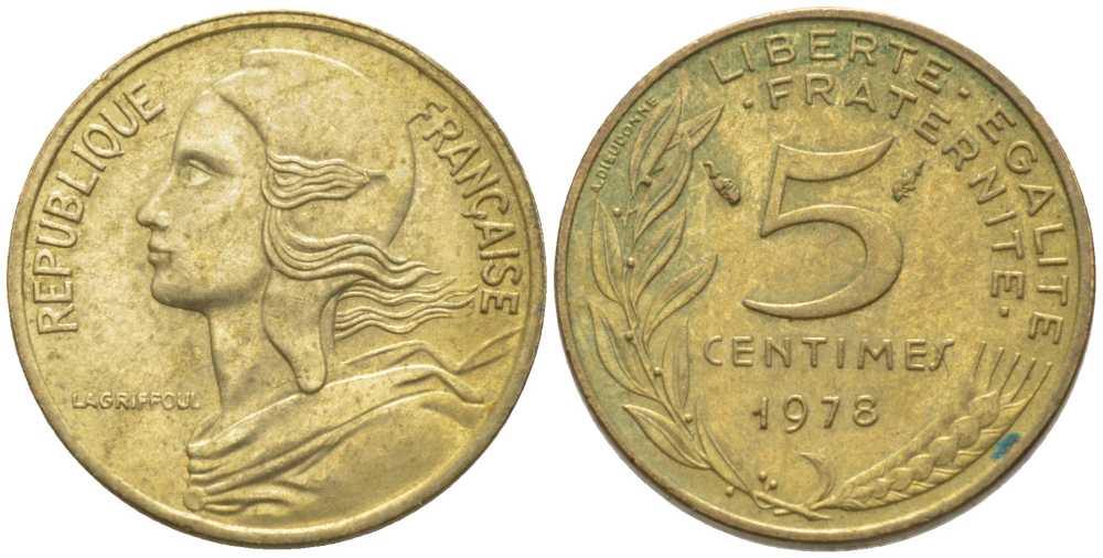 ФРАНЦИЯ 5 САНТИМОВ 1978 ТИП MARIANNE KM 933, LE FRANC 125.14 медь алюминий никель 116-448