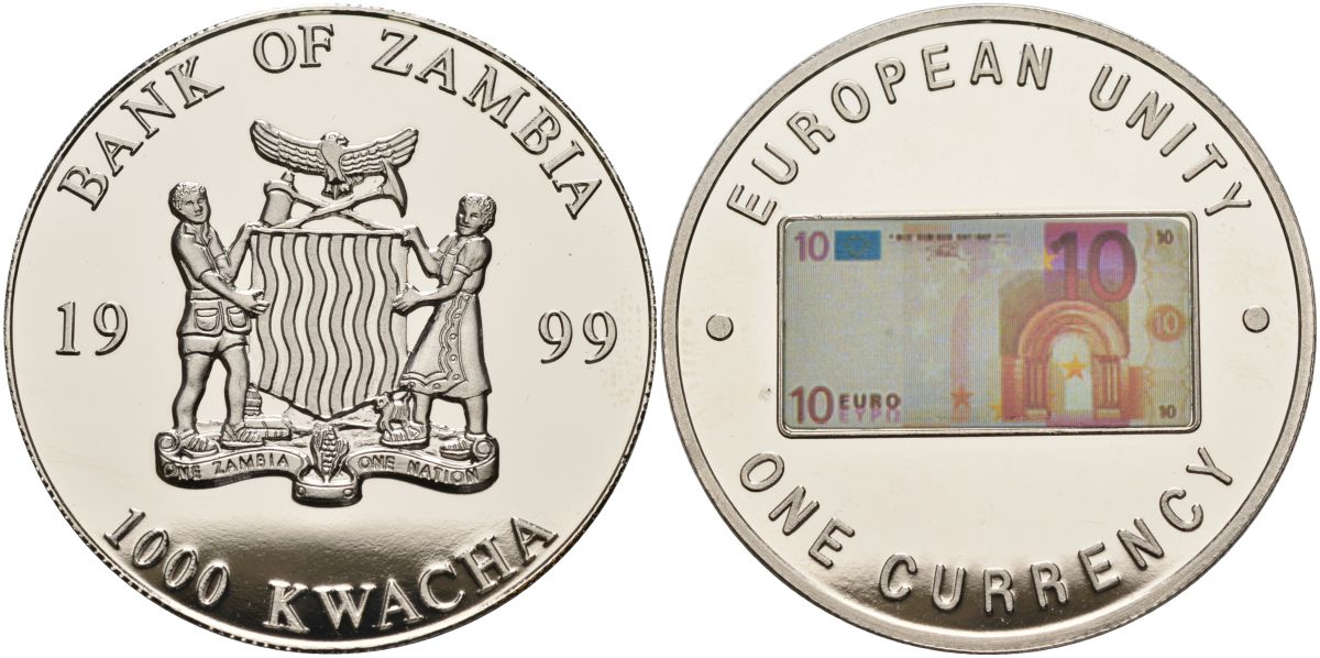 Замбия 1000 квача 1999 серия европейский союз - одна валюта, 10 евро аверс, серебрение KM 122 медь никель цинк 1098-3-33