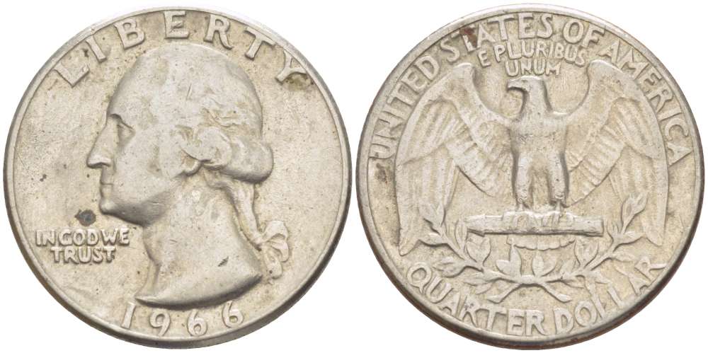 США 25 центов (квотер) 1966 Вашингтон KM 164а медь плакированная медно-никелем 216-1052