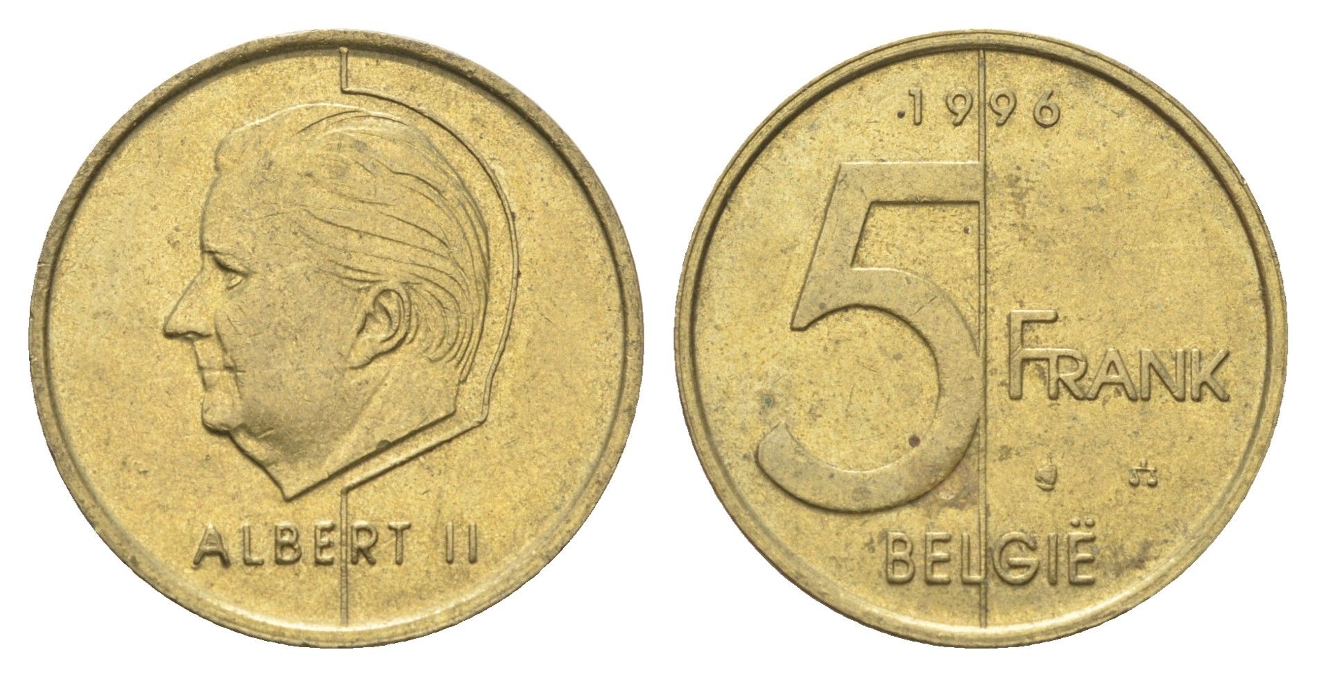 Бельгия 5 франков 1996 Belgie, Альберт II KM 190 алюминиевая бронза 4706-416