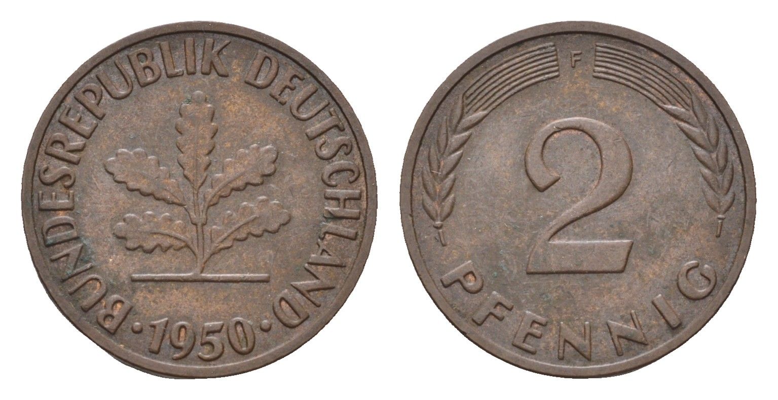 ФРГ 2 пфеннига 1950 F KM 106, J. 381 бронза 4618-659