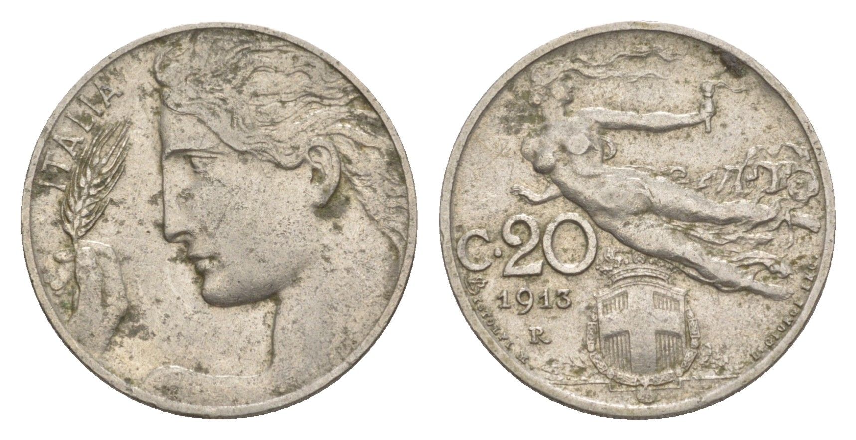 Италия 20 чентезимо 1913 R, Виктор Эммануил III (1900-1946) KM 44 никель 4617-716