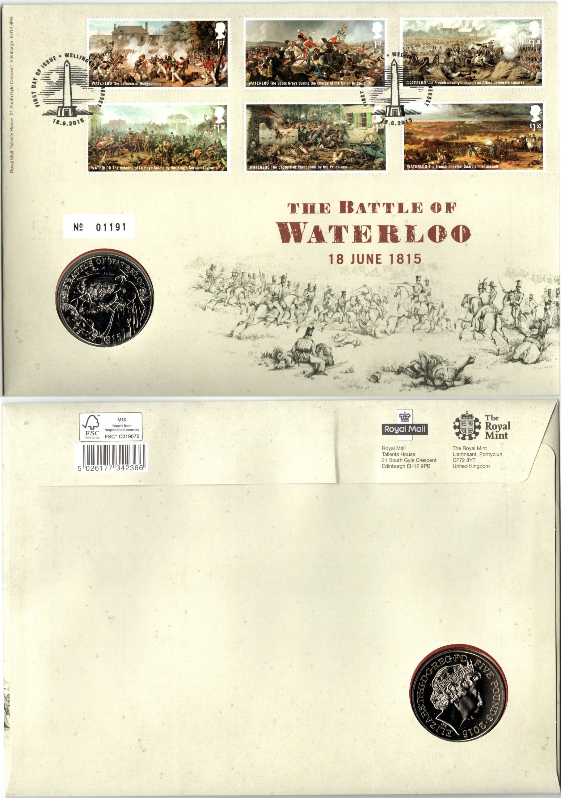 Великобритания 5 фунтов 2015 200 лет Битве при Ватерлоо, в оригинальном конверте, с марками, первый день гашения KM 1296, Spink L39 медно-никель BU 8-2-06-53