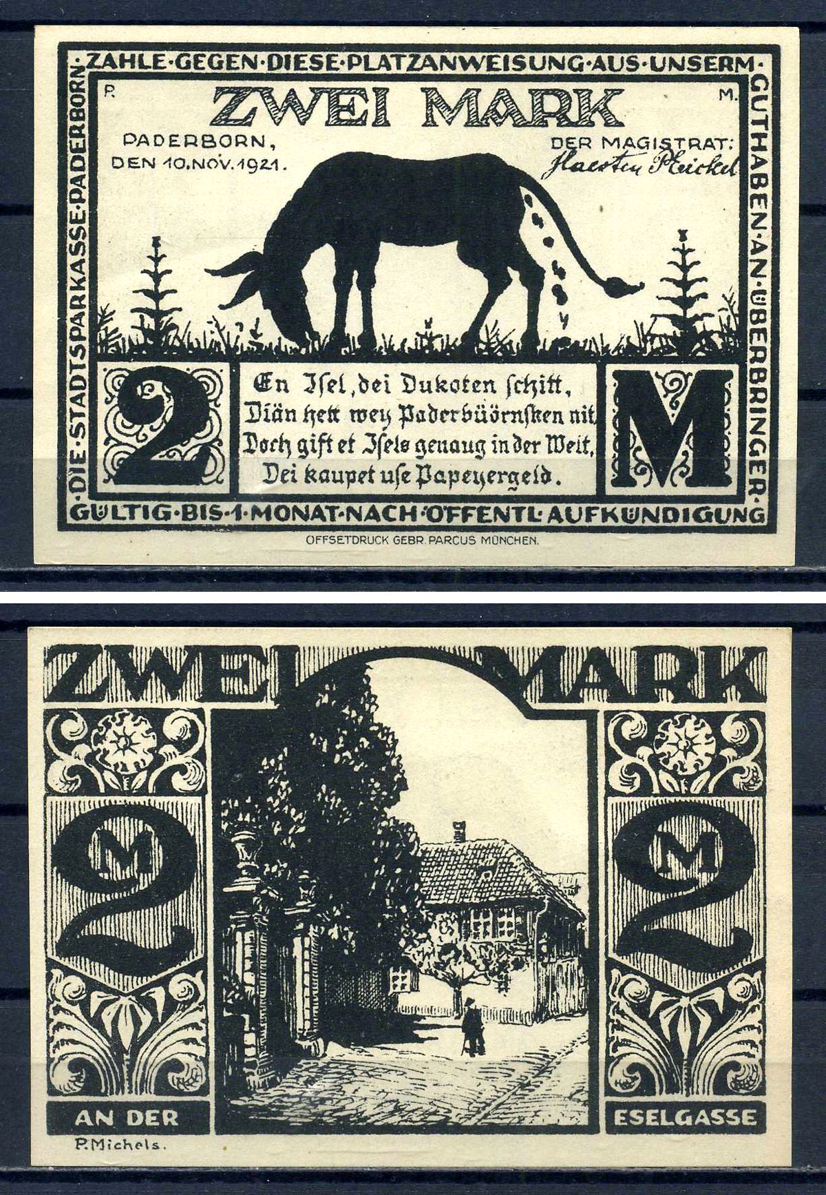 Падерборн (Вестфалия) 2 марки 1921 DeNG 1/2 1043.6-5/5 бумага UNC (пресс) 7556-6-3-2