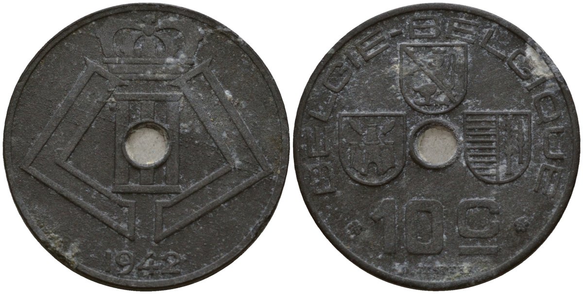 Бельгия 10 сантимов 1942 Belgie - Belgique, Леопольд III (1934-1947), германская оккупация, Вторая мировая война KM 126 цинк 4161-331