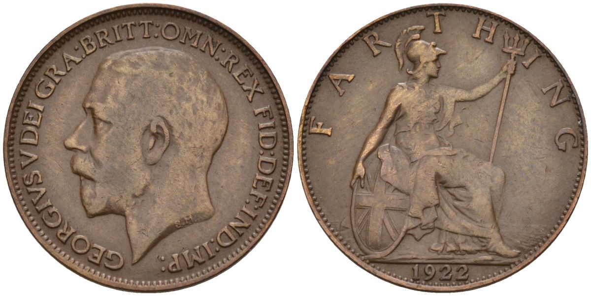 Великобритания 1 фартинг 1922 Георг V (1910-1936), светлая отделка KM 808.2, Spink 4060 бронза 4154-251