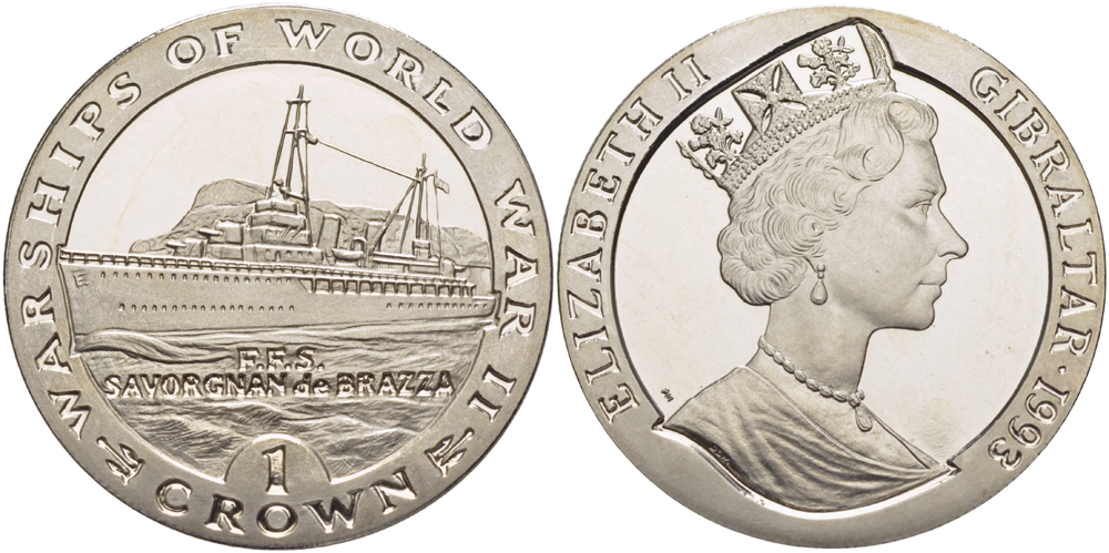Гибралтар 1 крона 1993 серия военные корабли второй мировой войны, F.F.S. SAVORGNAN de BRAZZA французский корабль KM 144 медно-никель BUNC 1084-9-34