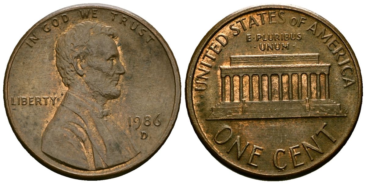 США 1 цент 1986 D, Линкольн KM 201b цинк плакированный медью 4136-269