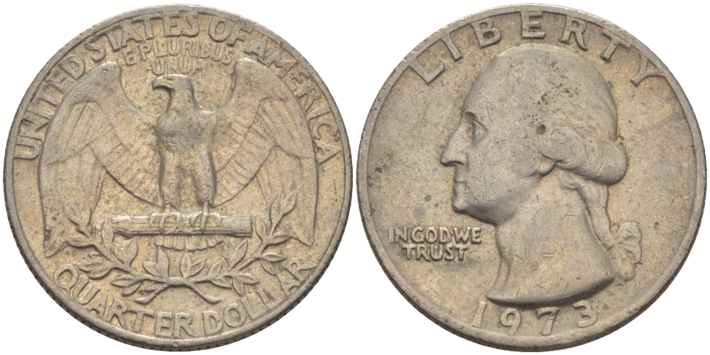 США 25 центов (квотер) 1973 Вашингтон KM 164а медь плакированная медно-никелем 31-724