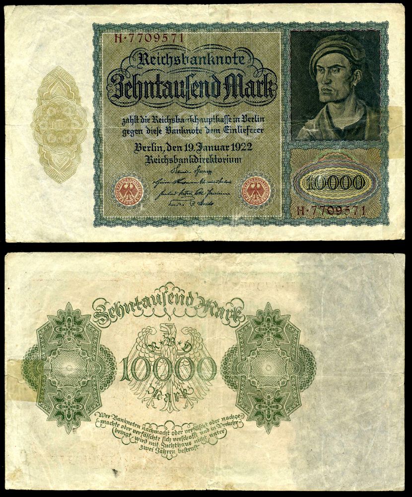 Германия 10000 марок 1922 серия H, без буквы Pick 71, Розенберг 68b бумага 8618-44-1-2