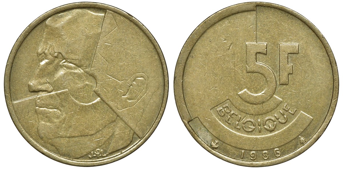 БЕЛЬГИЯ 5 ФРАНКОВ 1986 BELGIQUE KM 163 латунь или алюминевая бронза 72-1225