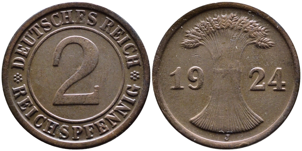 ГЕРМАНИЯ 2 РЕЙХСПФЕННИГА 1924 J KM 38, J. 314 бронза 4387-1144