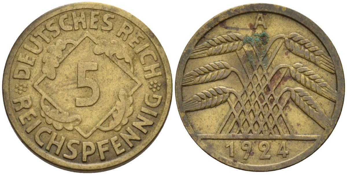 Германия 5 рейхспфеннигов 1924 A KM 39, J. 316 алюминиевая бронза 4151-713
