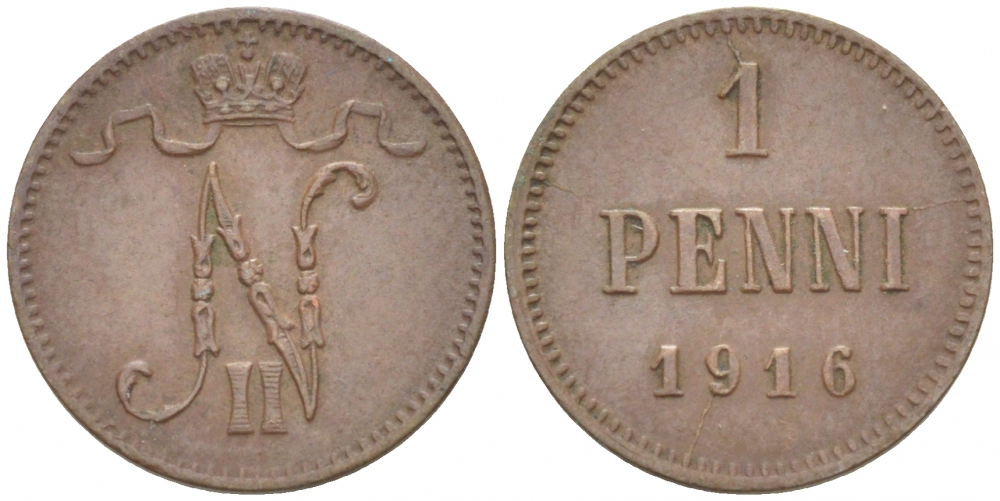 РОССИЯ ДЛЯ ФИНЛЯНДИИ 1 ПЕННИ 1916 НИКОЛАЙ II (1895-1917) KM 13, Биткин 476 медь 211-1038