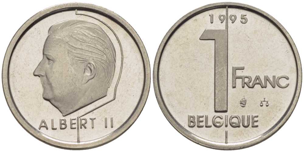 БЕЛЬГИЯ 1 ФРАНК 1995 BELGIQUE, АЛЬБЕРТ II (1993-) KM 187 железо плакированное никелем 206-232